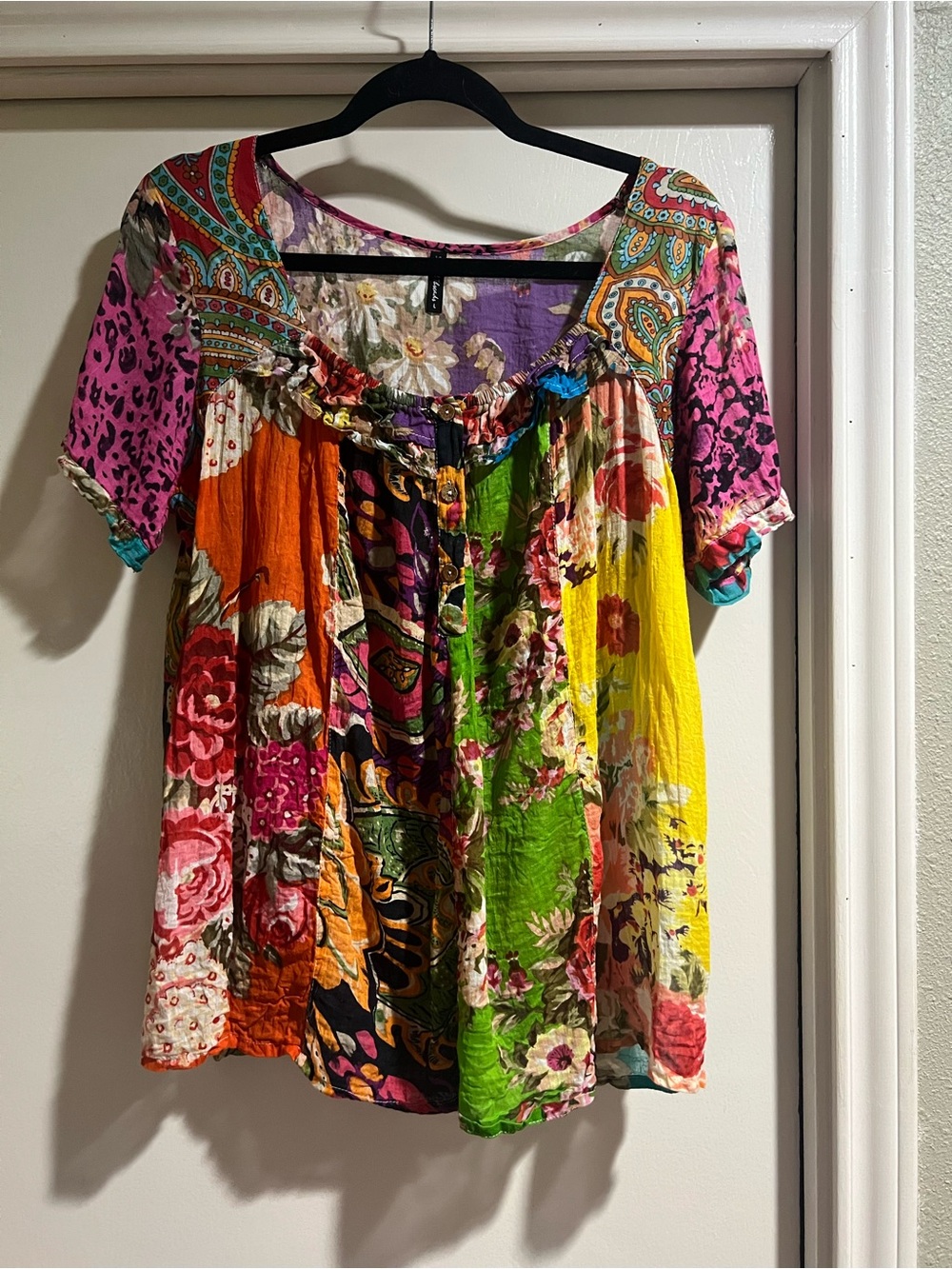 Sacred Threads Multicolor Patchwork Boho Short Sleeve Tunic